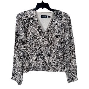 Vintage Dana Buchman 100% Silk Animal Print Surplice Front Top 12 Cream Black
